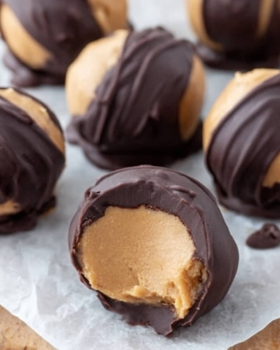 The image shows several round peanut butter balls dipped halfway in dark chocolate. Each ball has two layers: a smooth light brown peanut butter filling on top and a shiny dark brown chocolate coating covering the lower half. The peanut butter layer looks soft and creamy with a matte finish, while the chocolate is glossy and slightly textured where it meets the peanut butter. The balls are placed on white parchment paper on a wooden board, with a white marbled background softly blurred. photo taken with an iphone --ar 4:5 --v 7