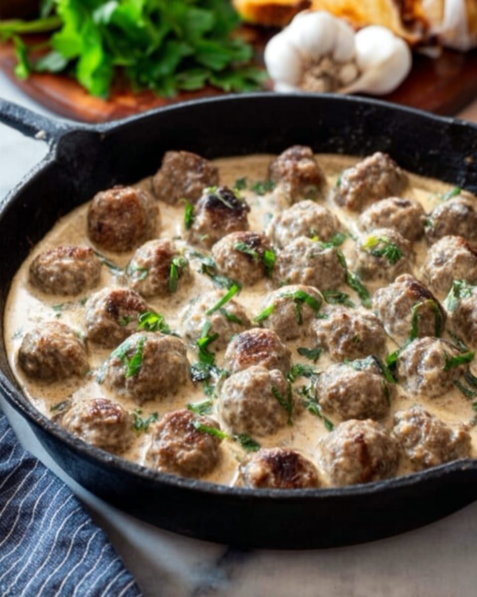 A black skillet filled with many small meatballs covered in light brown creamy sauce, garnished with a few small green herbs on top. The skillet sits on a white marbled surface with some garlic and green leaves blurred in the background. Photo taken with an iphone --ar 4:5 --v 7