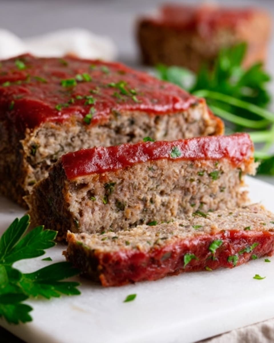 The image shows a thick slice of meatloaf with a smooth, rich red tomato sauce on top, garnished with small green chopped herbs. The meatloaf has a dense, slightly crumbly texture with visible bits of seasoning inside, and a second slice lies blurred in the front. There is a sprig of fresh green parsley next to the meatloaf slice, and the background is a clean white marbled surface. Photo taken with an iphone --ar 4:5 --v 7