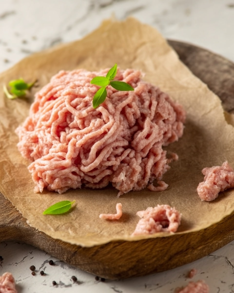 The image shows a close-up of a pile of light pink raw ground meat placed on a piece of brown parchment paper, which is resting on a wooden board. On top of the ground meat, there is a small green herb garnish adding a touch of color. Around the main pile, smaller portions of ground meat are scattered on the parchment paper. The background surface has a white marbled texture. Photo taken with an iphone --ar 4:5 --v 7