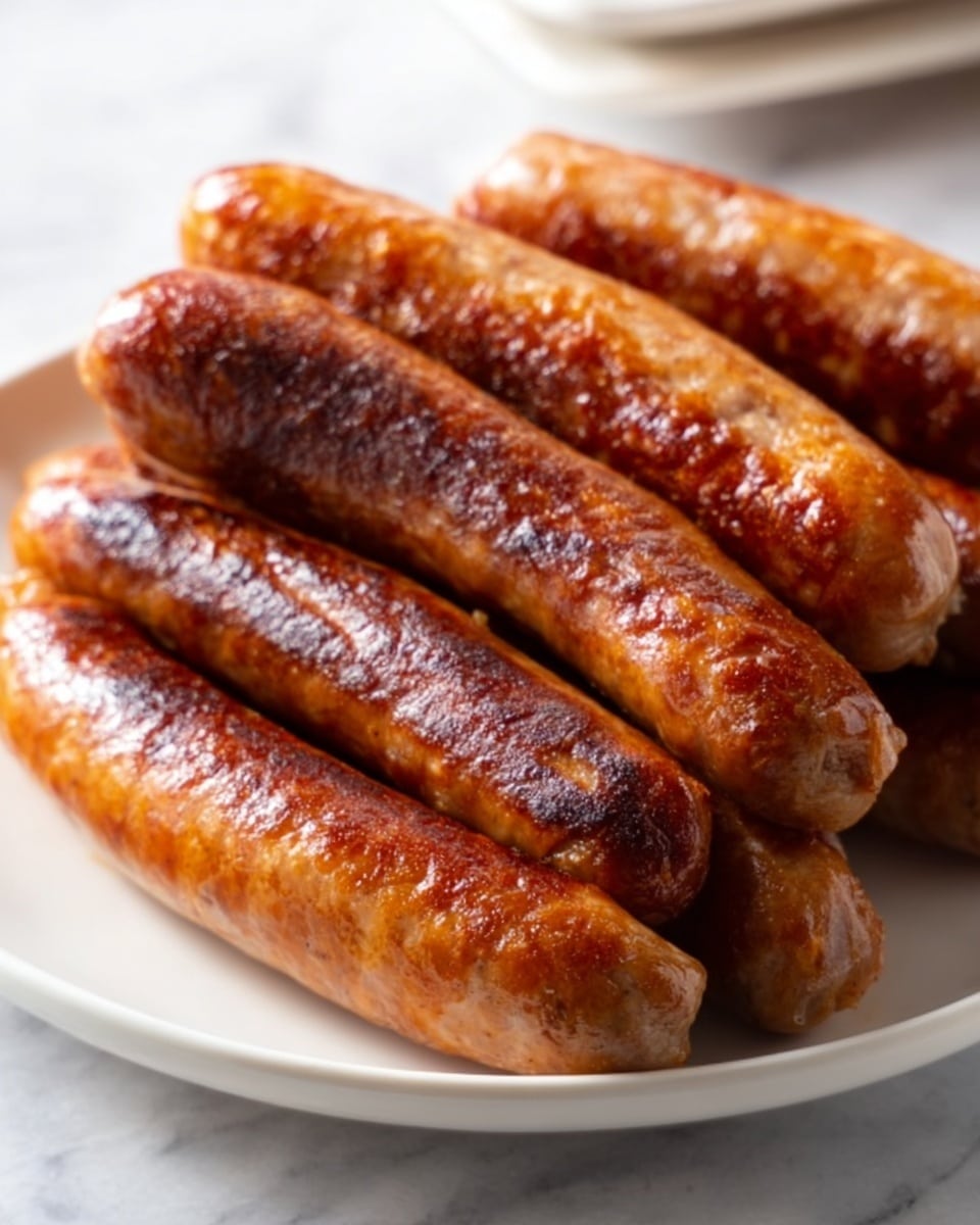 A white plate holds several browned sausages stacked in a slightly messy pile, the sausages have a crispy, shiny texture with visible grill marks and a rich golden-brown color. The background shows a blurred white marbled surface, and the image captures a close-up view highlighting the juicy and browned surface of the sausages. Photo taken with an iphone --ar 4:5 --v 7