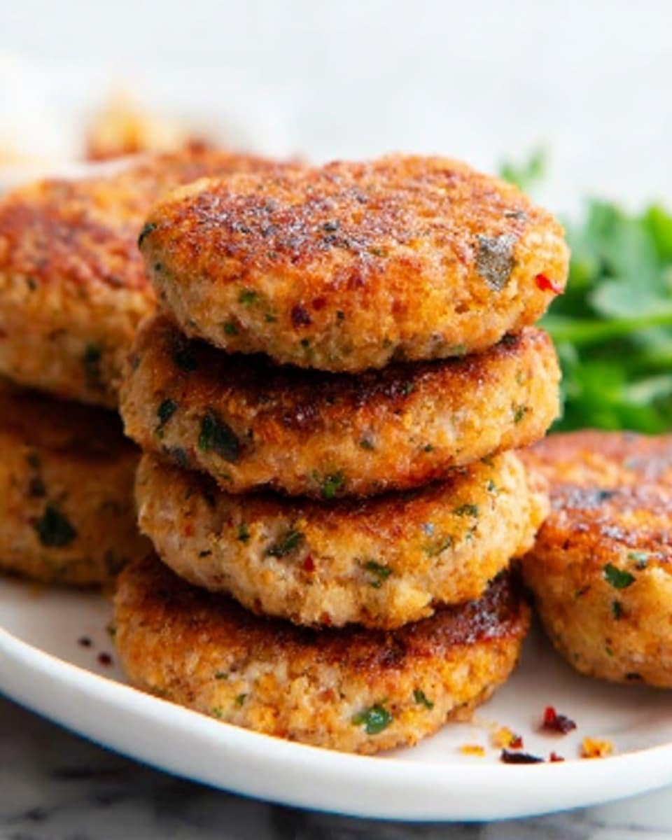 The image shows a stack of six round patties with a golden-brown crust and a slightly rough texture on a white plate. Each patty has visible bits of herbs and vegetables mixed inside, giving small green and dark specks throughout. The patties are stacked unevenly, with the top one centered and the others slightly overlapping underneath. In the background, there is some green garnish that looks like parsley. The scene is set on a white marbled surface. Photo taken with an iphone --ar 4:5 --v 7