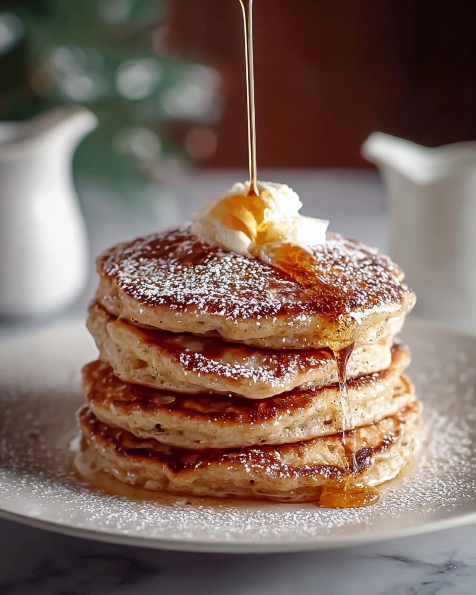 A stack of five golden-brown pancakes is shown on a white plate with a slight texture, sitting on a white marbled surface. Each pancake has a light, crispy edge and moist, fluffy inside, creating a thick, soft layered look. The top pancake is dusted lightly with powdered sugar and crowned with a dollop of melting butter. Golden syrup is being poured over the top pancake, dripping down the sides and pooling at the base, adding a shiny glaze. The background is softly blurred with warm tones and hints of green. Photo taken with an iphone --ar 4:5 --v 7