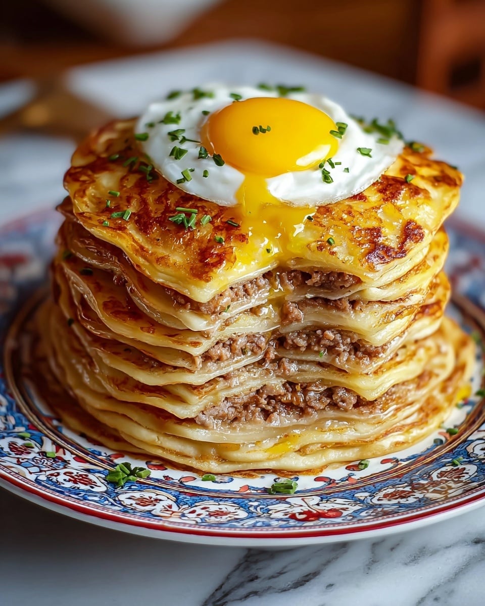 A stack of six thick pancakes with a golden-brown crust sits in the middle of a white plate with blue patterns. Each pancake layer is separated by a rich, textured meat filling mixed with melted cheese that appears glossy and slightly dripping. On top, there is a dollop of smooth white sour cream crowned with a bright yellow egg yolk, garnished with small green herb pieces. The background shows blurred kitchen items over a white marbled texture. photo taken with an iphone --ar 4:5 --v 7