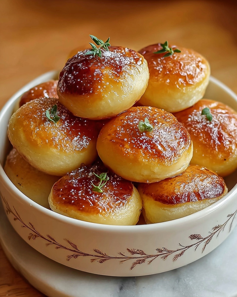 The image shows a white ceramic bowl filled with small round pastries, about two layers deep. Each pastry has a golden brown toasted top with a shiny glaze, some sprinkled with a little powdered sugar and a few decorated with small green herb leaves. The sides of the pastries are pale yellow and smooth, contrasting with the caramelized tops. The bowl has a delicate brown branch design around its outer edge and sits on a white marbled surface. The background is softly blurred with warm tones. photo taken with an iphone --ar 4:5 --v 7