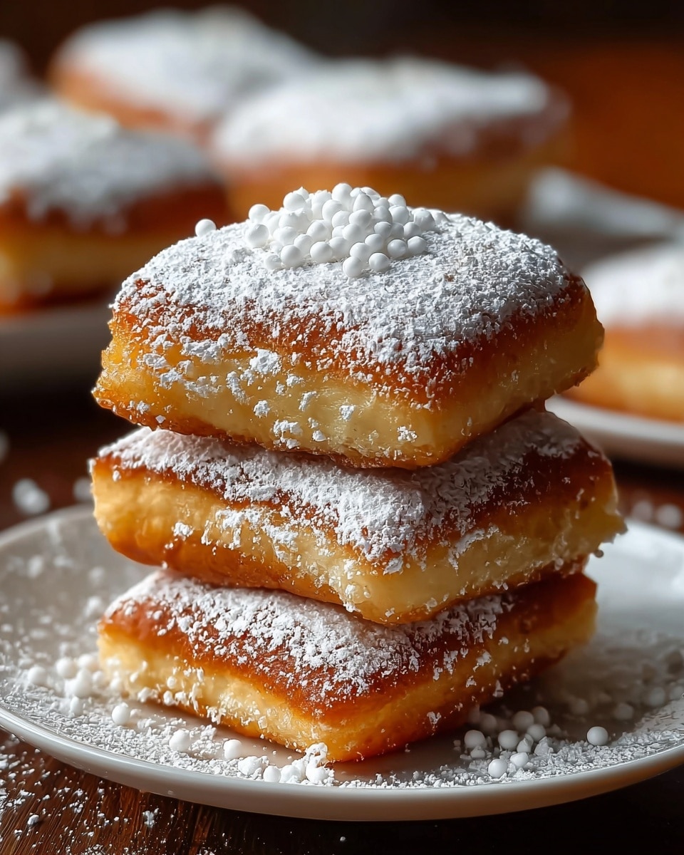 A white plate holds a stack of four square-shaped fried pastries, each golden brown with a slightly shiny, crispy texture. The pastries are dusted with powdered sugar, giving a white, powdery layer on top. The top pastry has a small pile of white sugar crystals or small sugar chunks in the middle. The plate is placed on a white marbled surface with more powdered sugar scattered lightly around it. In the background, blurred pastries with white icing can also be seen, creating a cozy and warm feeling. photo taken with an iphone --ar 4:5 --v 7