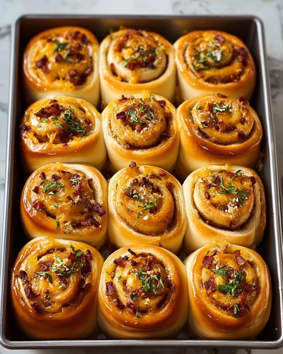 The image shows a metal baking tray filled with twelve golden-brown rolls arranged in three rows of four. Each roll has a spiral shape with soft, slightly shiny dough layers, and inside the spirals are small bits of crispy browned bacon and melted yellow cheese. The rolls are sprinkled with fresh green herbs on top, adding contrast to the warm colors. The tray is set on a white marbled surface, highlighting the warm tones of the rolls. photo taken with an iphone --ar 4:5 --v 7