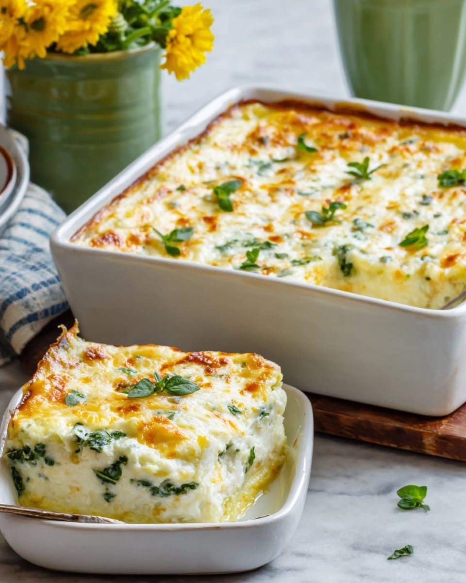 The image shows a white square dish filled with a baked lasagna with a golden-brown melted cheese top and bits of green herbs sprinkled on it. In the foreground, a smaller white square portion of the lasagna is served on a white marbled surface. The layers inside the smaller dish include a creamy light yellow cheese layer on top, a soft white pasta layer beneath, and hints of green herbs within. The background holds a larger white baking dish with more lasagna, slightly out of focus. Photo taken with an iphone --ar 4:5 --v 7
