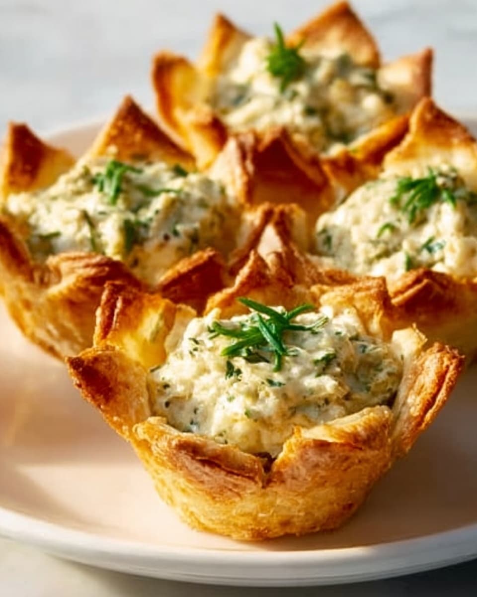 The image shows a close-up of small white tortilla cups shaped like flowers, each filled with a creamy spinach and cheese mixture that is light green with visible spinach pieces and melted cheese. The edges of the tortilla cups are golden brown and crispy, standing upright to hold the filling. The creamy filling looks rich and soft, topped with some finely chopped green herbs. All the cups are placed on a smooth white marbled surface, with one being held gently by a woman's hand in the foreground. photo taken with an iphone --ar 4:5 --v 7