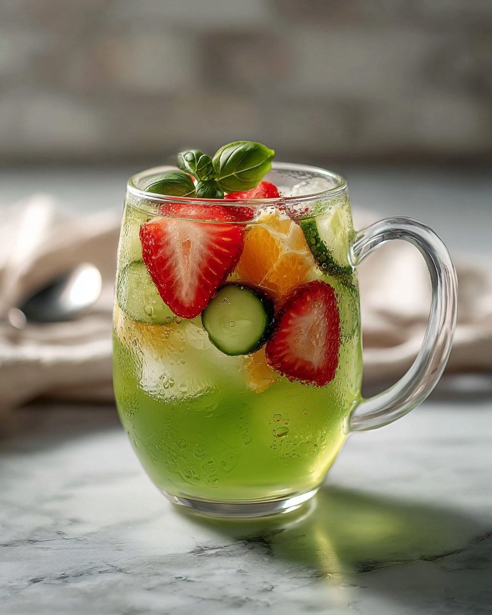 A clear glass mug filled with a green drink forms the base layer, which is transparent and slightly glowing. Inside the drink, there are layers of round ice cubes, slices of cucumber, and bright red strawberry halves arranged throughout. On top, there are orange slices and a small green mint garnish, adding color contrast and freshness. The glass has droplets of condensation giving a cool, fresh look. It sits on a white marbled surface with a soft white cloth and a spoon placed in the blurred background. Photo taken with an iphone --ar 4:5 --v 7