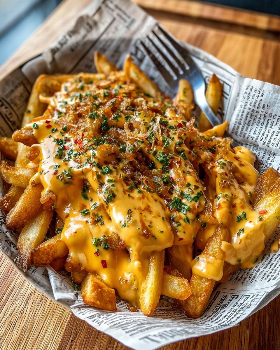A white bowl lined with newspaper print paper holds a generous pile of golden crispy French fries. The fries are topped with melted bright yellow cheddar cheese that looks gooey and soft. Over the cheese, a creamy orange sauce is drizzled in thick, uneven lines, giving a rich texture. Small bits of chopped green herbs and red chili flakes are scattered on top, adding color contrast. The bowl is placed on a wooden surface with a silver fork resting at the edge. Photo taken with an iphone --ar 4:5 --v 7