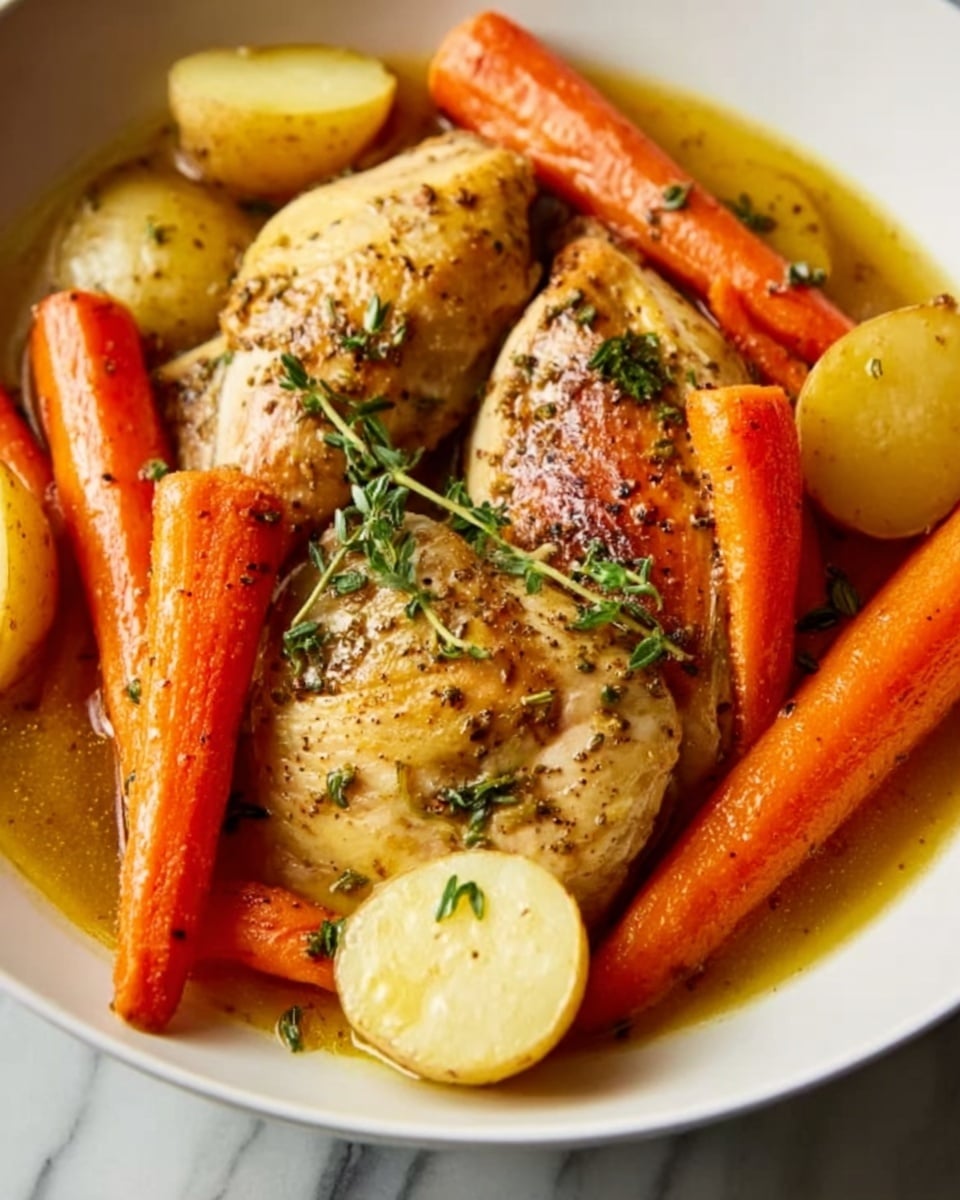 The dish shows a close-up of a white bowl filled with cooked baby carrots and yellow potatoes, arranged around a piece of seasoned chicken breast in the center. The chicken breast is cooked with herbs visible on its surface, and there are small green sprigs of thyme placed on top. The vegetables have a glossy texture, likely from a light broth or oil, and the overall color palette is warm with orange, yellow, and light brown tones. The background features a white marbled texture. Photo taken with an iphone --ar 4:5 --v 7