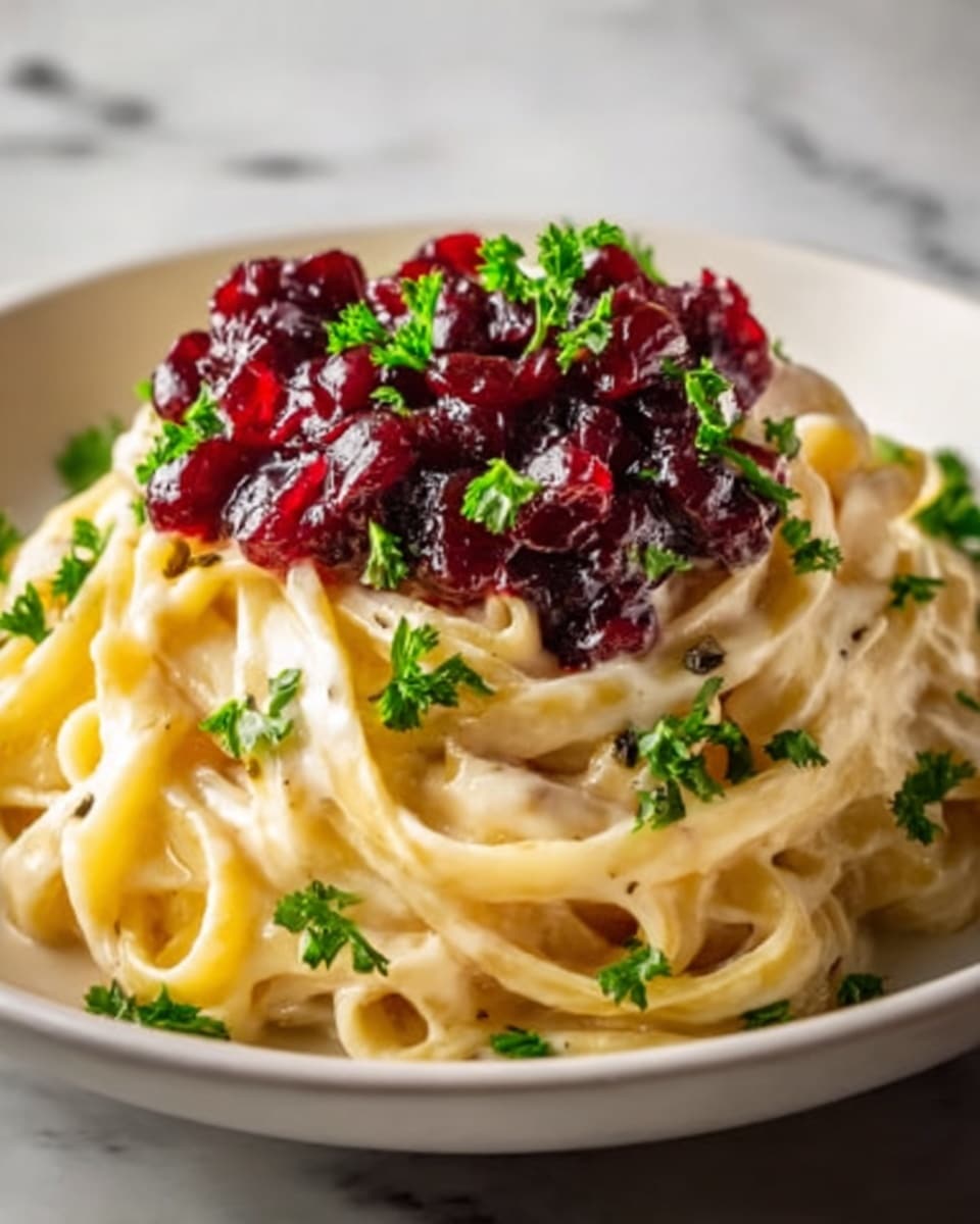 A close-up of a creamy pasta dish served in a white bowl on a white marbled background. The bottom layer shows smooth, creamy linguine noodles with a rich, pale yellow sauce coating each strand. On top, there is a bright red layer of cranberry sauce with whole cranberries, adding a glossy, juicy texture. Small sprigs of fresh green parsley are sprinkled over the cranberries, giving a fresh touch. The creamy sauce has tiny black pepper specks lightly scattered throughout. Photo taken with an iphone --ar 4:5 --v 7