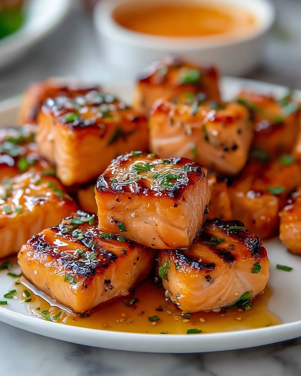 The image shows a white plate filled with small, evenly cut salmon cubes that have a shiny, caramelized glaze. Each piece has a slightly crispy, browned top layer with grill marks, while the sides are a lighter pink-orange color, showing flaky texture. The salmon is sprinkled with small green herbs scattered on top, and a light golden sauce pools around the base of the cubes, giving a glossy look. The background is blurred but shows a white marbled texture and a white bowl with sauce. photo taken with an iphone --ar 4:5 --v 7