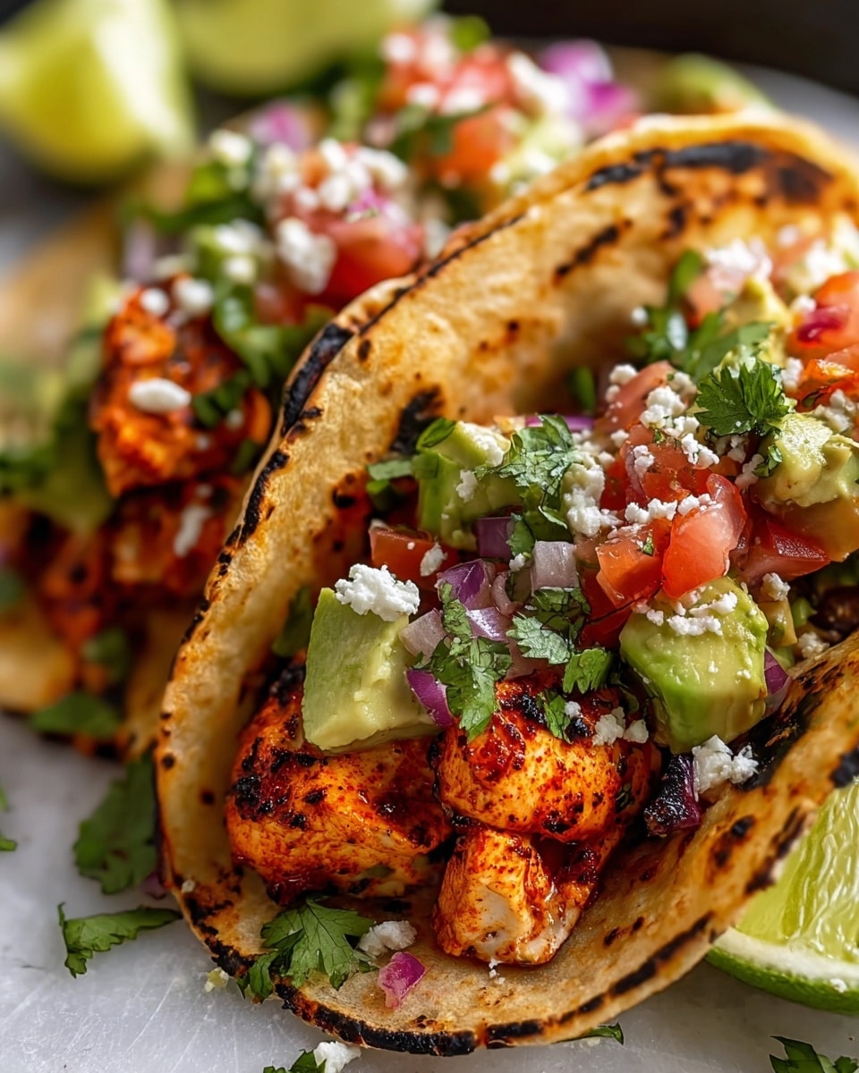 A close-up of a grilled chicken taco featuring a soft, lightly charred white tortilla folded in half, holding three main layers: the base layer is tender, golden-brown grilled chicken pieces with slight charring, the middle layer consists of fresh diced red tomatoes and finely chopped red onions, and the top layer includes vibrant green avocado chunks, scattered white crumbly cheese, and fresh green cilantro leaves sprinkled throughout. The taco rests on a white marbled surface, with parts of more tacos and lime wedges blurred in the background. photo taken with an iphone --ar 4:5 --v 7