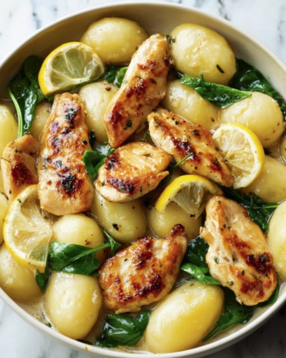The image shows a white bowl filled with golden-brown, grilled chicken pieces placed over a layer of smooth, pale yellow baby potatoes. Scattered between the chicken and potatoes are bright green spinach leaves adding freshness, and lemon wedges with a light yellow color are placed on top and around the edges for a pop of brightness. The chicken has a slightly crispy texture with grill marks, giving a warm and appetizing look. The white bowl sits on a white marbled surface. photo taken with an iphone --ar 4:5 --v 7