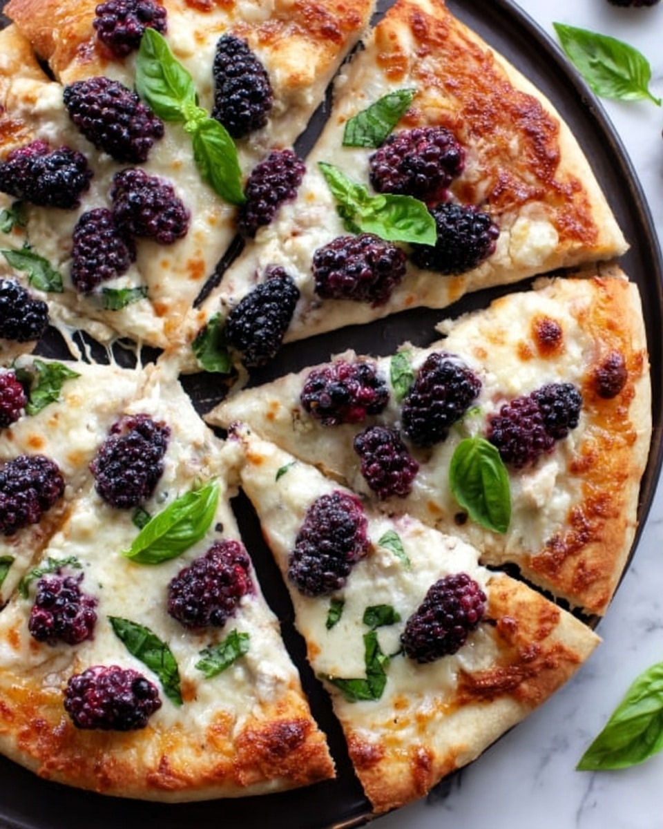 The image shows a pizza cut into slices on a white plate, placed on a white marbled surface. The pizza has a golden-brown crust, a red tomato sauce layer spread evenly beneath melted white cheese with a slightly bubbly texture. On top, there are blackberries scattered evenly, contrasting with fresh green basil leaves, adding a fresh look. The cheese layer looks soft and melted, while the berries appear plump and juicy, with the basil leaves adding a smooth texture. A woman's hand is seen reaching for one of the slices. photo taken with an iphone --ar 4:5 --v 7