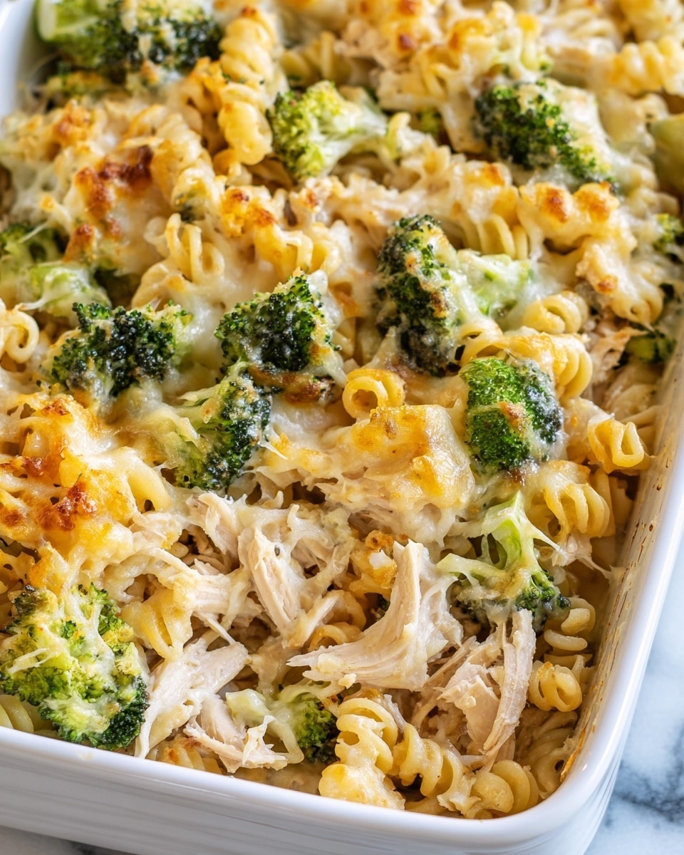 The dish is a baked casserole in a white rectangular dish filled with three main layers: a base of curly pasta in a light yellow color, scattered chunky pieces of cooked broccoli in green, and shredded chicken that is white with some light brown edges, all mixed and topped with melted cheese that is slightly browned and stringy. The surface of the casserole shows a creamy texture with small bits of herbs sprinkled across, and the broccoli florets are visible on top, adding a green contrast. The edges of the dish have some lightly browned spots where the cheese and pasta meet. The photo is taken closely from above on a white marbled surface. photo taken with an iphone --ar 4:5 --v 7