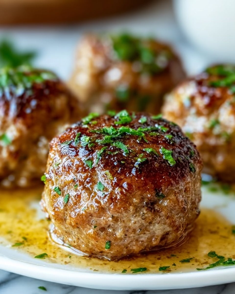 The image shows a close-up of three round, golden-brown meat patties with a slightly crispy and textured surface, speckled with green herbs on top. The patties rest closely together on a shiny white plate, with a light glossy sauce around them adding a wet look. The background is a white marbled texture that adds a clean and bright feel to the image, and a woman's hand is slightly visible near the edge of the plate. Photo taken with an iphone --ar 4:5 --v 7