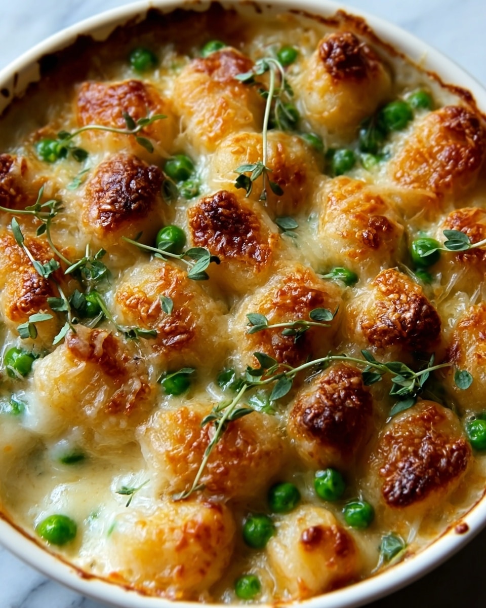 A close-up view of a creamy baked dish featuring golden-brown top layer of small, soft gnocchi pieces slightly browned and bubbly. The gnocchi rest in a rich, smooth cheese sauce with a light yellow color, evenly coating each piece. Bright green peas are scattered throughout, adding a pop of color and contrast against the creamy sauce and golden gnocchi. Small fresh green herb sprigs are placed on top, adding texture and freshness. The dish is contained in a round white baking dish, sitting on a white marbled surface. Photo taken with an iphone --ar 4:5 --v 7