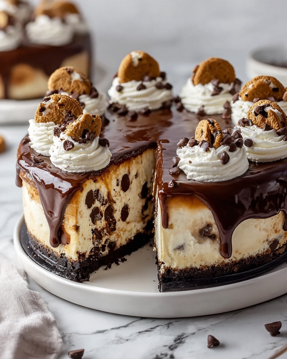 A rich, layered dessert cake sits on a white plate atop a white marbled surface. The bottom layer is a dark, crumbly crust, topped by a thick creamy layer filled with scattered dark chocolate chips. Above this is a smooth, thick drizzle of glossy chocolate sauce that gently drips down the sides. On top of the chocolate sauce, there are swirls of white whipped cream topped with small cookie dough balls and a few chocolate chips scattered around. One slice is cut out, revealing all the layers clearly. Photo taken with an iphone --ar 4:5 --v 7