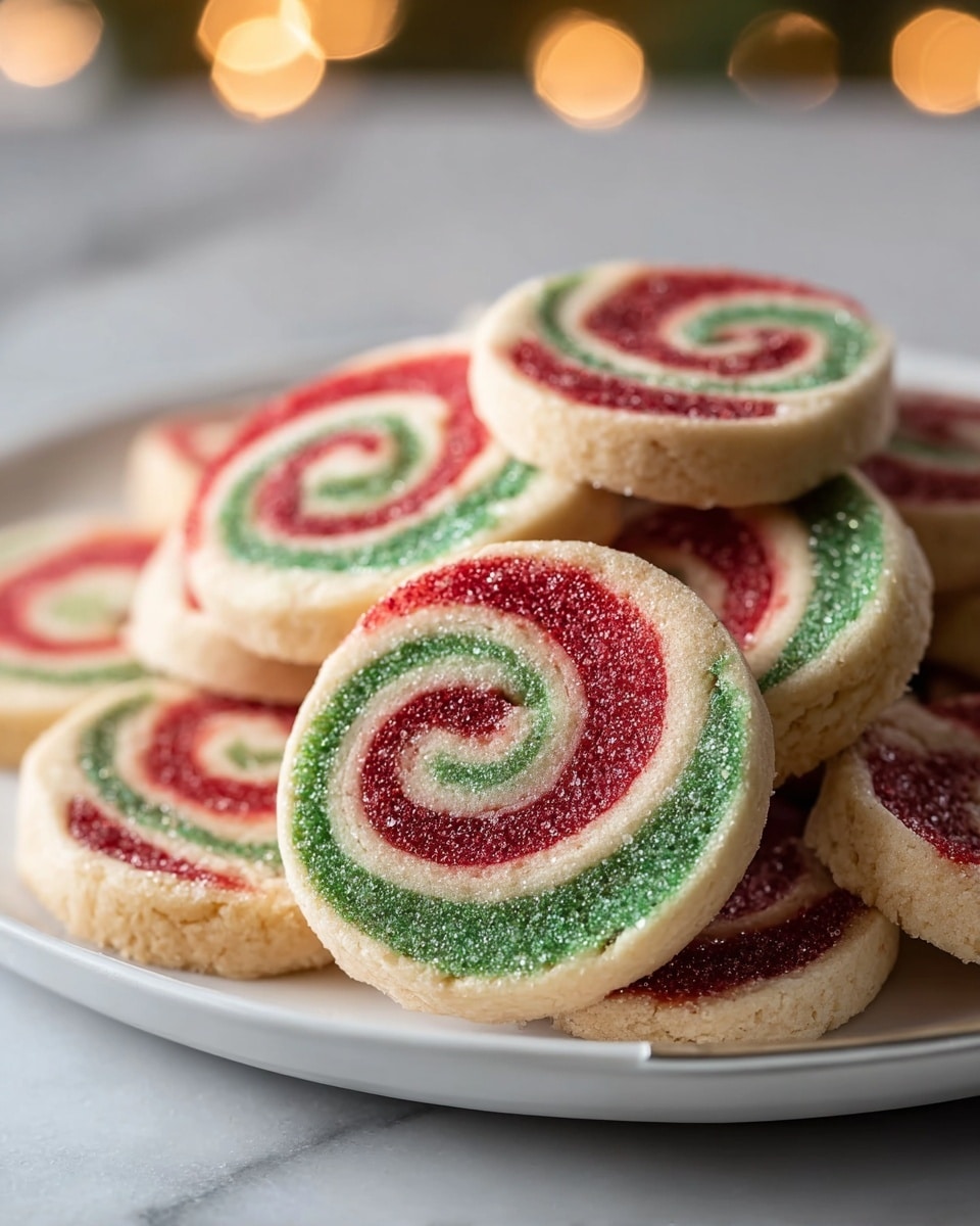 A white plate filled with round pinwheel cookies, each cookie featuring a three-layer spiral pattern of red, white, and green sugar-coated dough. The outer layer is white and smooth, the middle spiral is green with a slightly grainy texture from the sugar, and the inner spiral is red with the same sugary texture, all layers tightly rolled. The plate is set on a white marbled surface, with soft natural light creating a warm and inviting atmosphere. Photo taken with an iphone --ar 4:5 --v 7