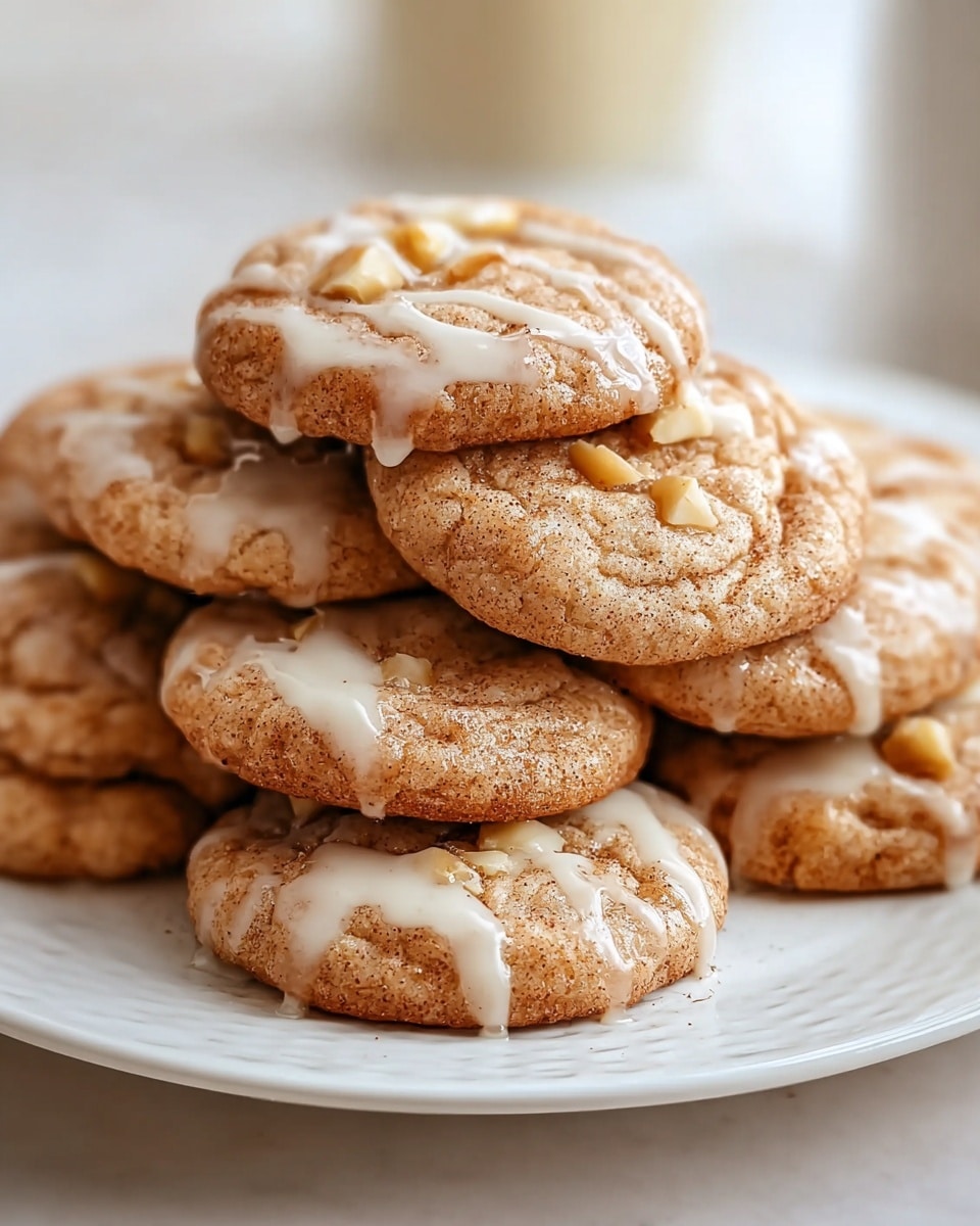 A white plate holds a stack of soft, round cookies, each about two layers thick. The cookies have a light brown color with darker specks, showing a textured, slightly cracked surface. On top of each cookie, there is a drizzle of smooth white icing that looks glossy and lightly melted, with small chunks of light cream-colored nuts embedded in the cookies' surface. The plate sits on a white marbled texture. photo taken with an iphone --ar 4:5 --v 7