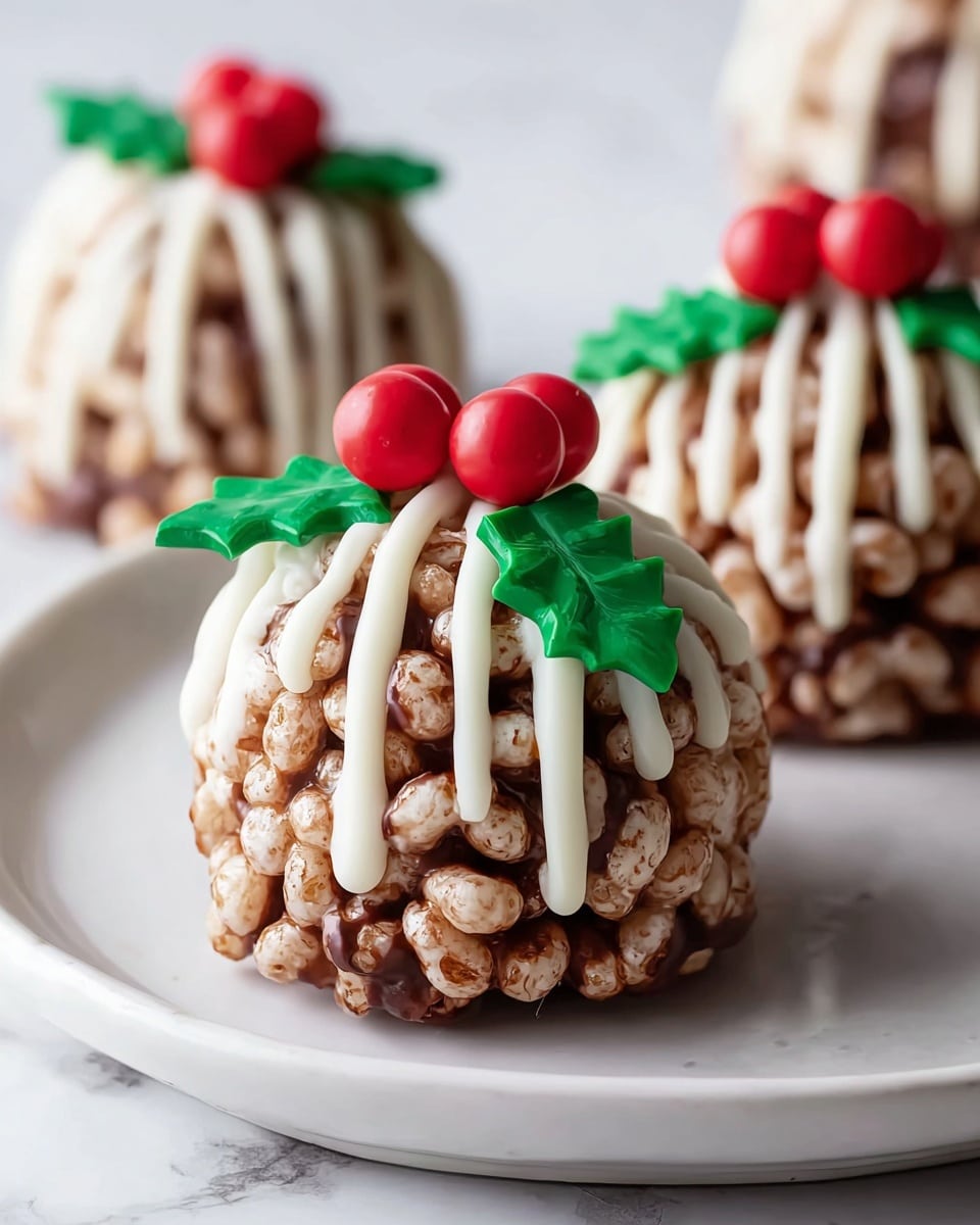 The image shows round dessert balls made of small white marshmallows mixed with a brown chocolate base, forming a textured and bumpy surface. Each ball is decorated with white chocolate drizzles that run vertically down the sides, creating a soft striped look. On top of each dessert ball, there are two bright green holly leaves with veins for texture, made from a smooth fondant or icing, and three small shiny red berries grouped closely together, adding a festive touch. The balls are placed on a clean white plate, which sits on a white marbled textured surface in soft natural light. photo taken with an iphone --ar 4:5 --v 7
