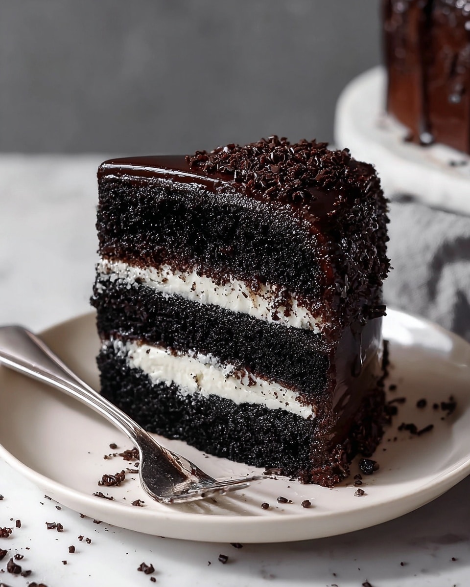 A slice of three-layer dark chocolate cake sits on a white plate with a gray rim, placed on a white marbled texture with hints of dark and reddish spots. The cake has two thick, moist, and crumbly dark chocolate layers with a rich, glossy dark chocolate ganache coating the top and sides. Between the middle layers is a fluffy white cream filling that peaks slightly out. Some cake crumbs and a bit of chocolate ganache are scattered on the plate around a silver fork resting beside the slice. The background shows a blurred portion of the whole cake on a white plate. Photo taken with an iphone --ar 4:5 --v 7