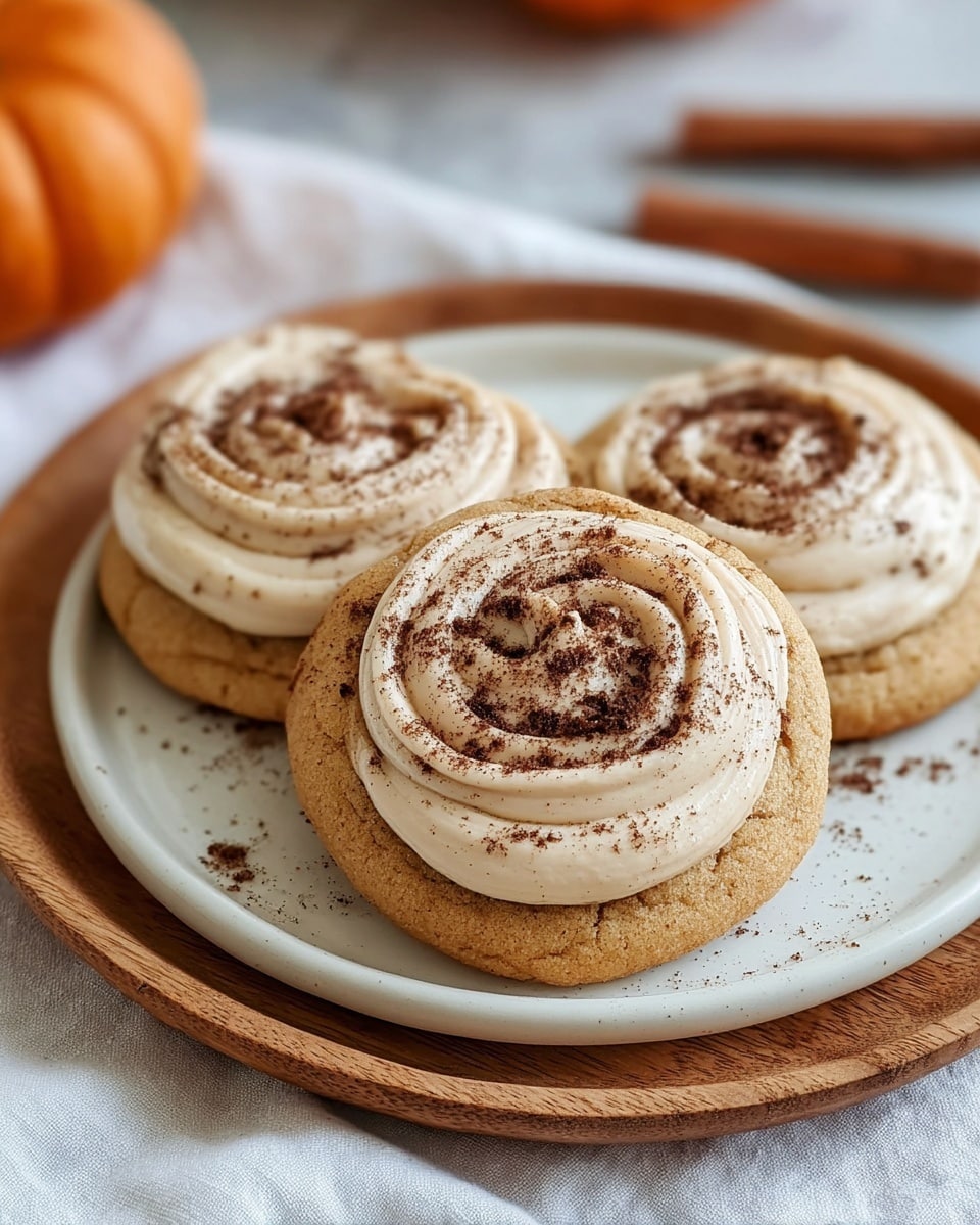The image shows three cookies on a round wooden plate, each cookie topped with one thick layer of creamy white frosting swirled in a circular pattern and sprinkled lightly with brown spice powder on top. The cookies are golden-brown with a slightly cracked texture. The plate sits on a white marbled surface with a white cloth partially under it, and there is a cinnamon stick and a small orange pumpkin blurred in the background. Photo taken with an iphone --ar 4:5 --v 7