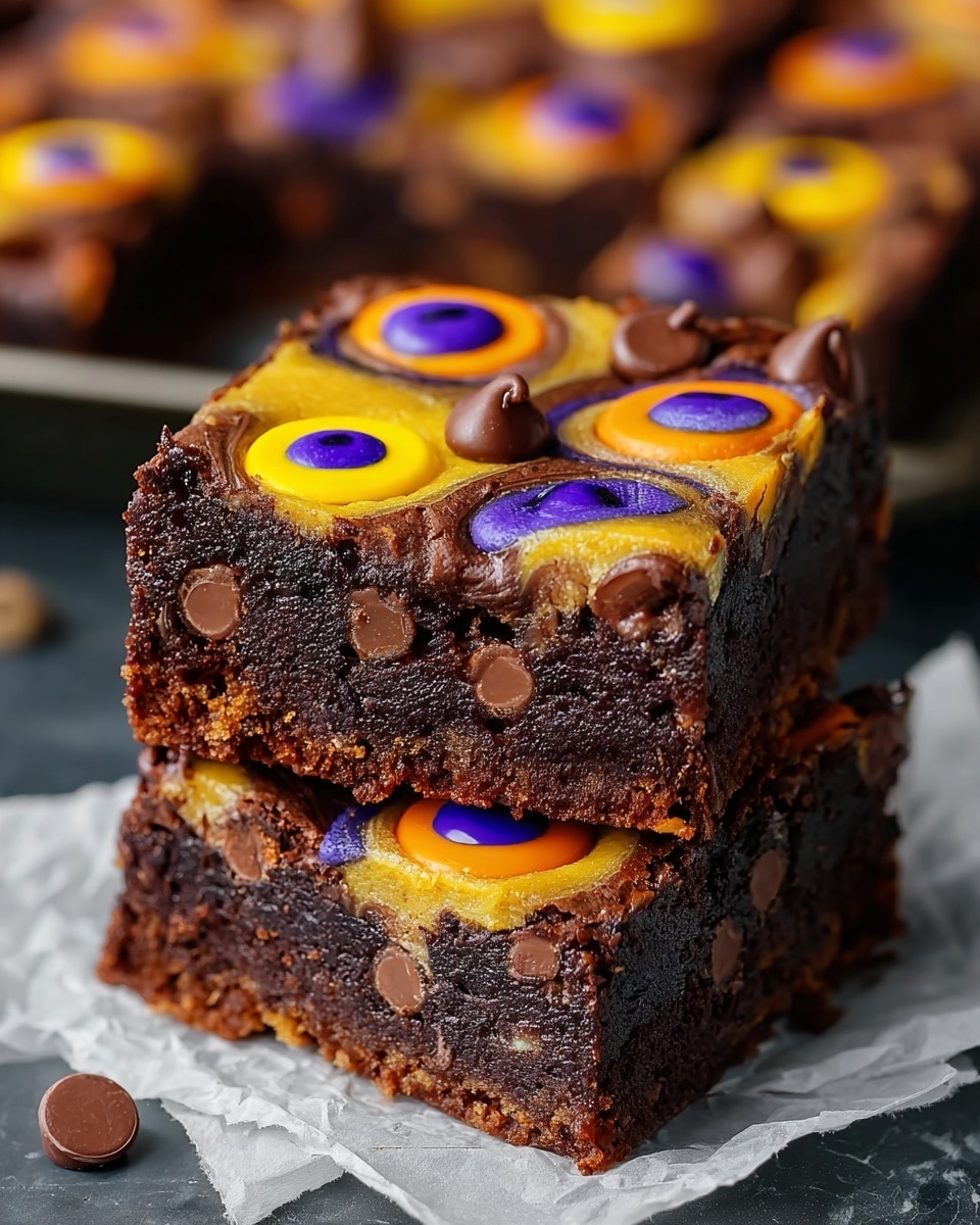Two thick, square brownies stacked on each other with a rich, dark brown texture. Each brownie has colorful, smooth, flat yellow-orange spots with dark blue circular centers scattered on top. The surface is slightly crinkled and studded with shiny dark chocolate chips. The brownies rest on crumpled white parchment paper placed on a white marbled surface. More brownies with the same design can be seen blurred in the background. Photo taken with an iphone --ar 4:5 --v 7