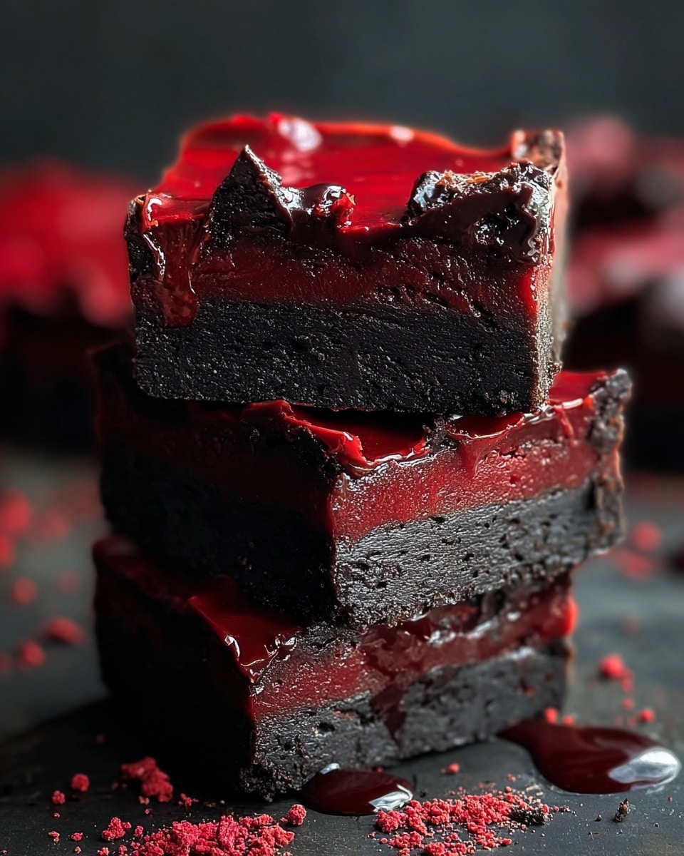 The image shows three stacked dessert squares with three distinct layers each: the bottom layer is dense and dark, almost black like a firm, rich brownie; the middle layer is slightly lighter but still dark and smooth with a thick texture; the top layer is a glossy red, dripping softly over the sides with an uneven, wavy surface. There are small red chocolate pieces scattered around the base on a white marbled texture. The focus is sharp on the front dessert stack, with a dark blurred background that contrasts with the vibrant red on top, making the texture and layers stand out. photo taken with an iphone --ar 4:5 --v 7