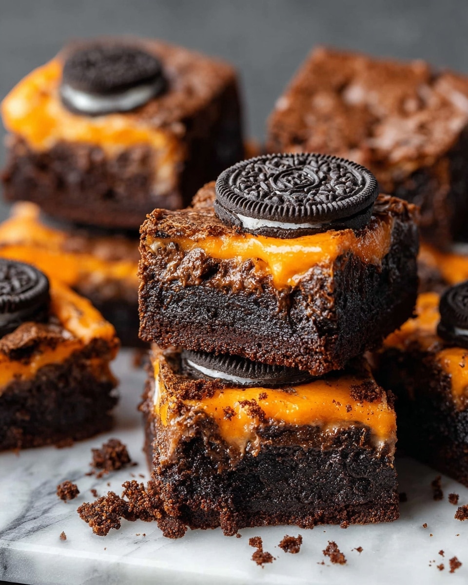 The image shows rich, thick brownies cut into squares, each brownie topped with a whole dark brown Oreo cookie sitting on a glossy orange layer, which appears smooth and slightly melted. The main brownie layer is very dark, dense, and fudgy with a cracked surface around the edges, showing off a moist texture inside. The brownies are stacked on a white marbled surface with crumb pieces scattered around, adding texture and depth to the scene. The colors include deep dark brown for the brownies, bright orange for the topping, and black and white for the Oreos, creating a strong contrast. Photo taken with an iphone --ar 4:5 --v 7