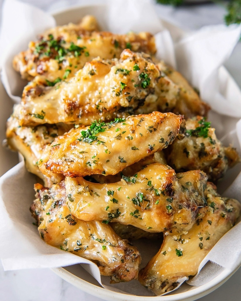 The image shows a white dish lined with white parchment paper filled with about ten golden brown chicken wings that are coated in a light, shiny sauce with small green herb bits scattered on the skin. The wings have a cooked crispy texture and slight glisten from the sauce. The dish sits on a white marbled surface with some green garnish blurred in the background. Photo taken with an iphone --ar 4:5 --v 7