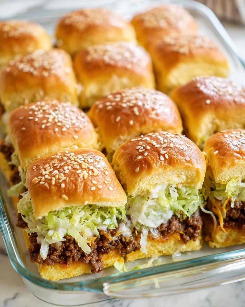 A close-up of a glass baking dish filled with nine slider sandwiches arranged in a 3x3 grid on a white marbled surface. Each slider has three visible layers: the top is a golden brown soft bun sprinkled with white sesame seeds, the middle contains a mix of cooked ground beef and shredded green lettuce, and the bottom is a slightly toasted bun with a light orange spread underneath, possibly cheese or sauce. The slider in the front left corner is slightly pulled away, showing more of the filling. Photo taken with an iphone --ar 4:5 --v 7