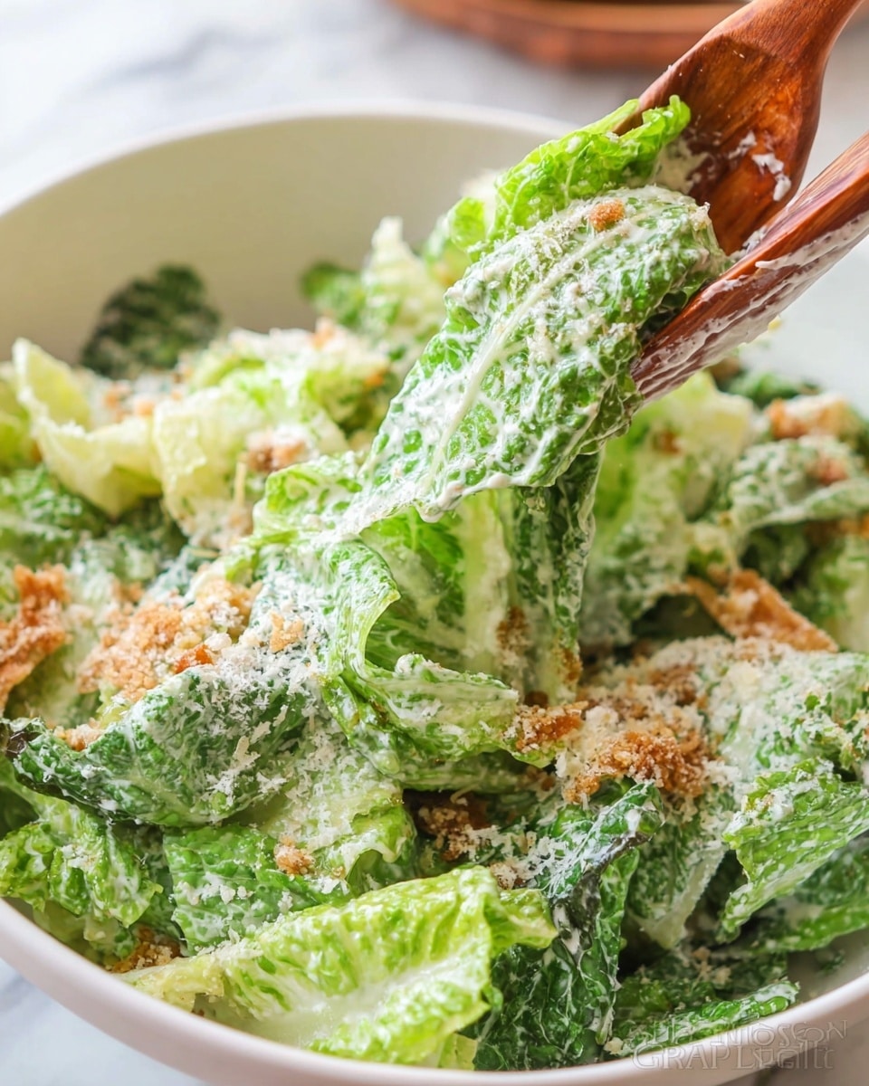 A white bowl filled with fresh, bright green romaine lettuce leaves coated in a creamy, light dressing, topped with finely grated white cheese and golden brown toasted breadcrumbs. Two wooden salad spoons are lifting a portion of the salad, showing the crisp texture of the lettuce with small pieces of cheese and dressing clinging to the leaves. The background has a soft focus and a white marbled texture visible beneath the bowl. photo taken with an iphone --ar 4:5 --v 7