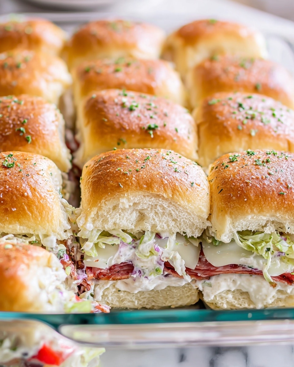 A close-up view of a tray filled with nine square sandwich sliders arranged in three rows. Each slider has three visible layers: the top layer is a soft, golden-brown bun with a slightly glossy texture and sprinkled with green herbs. The middle layer is full of fresh, shredded light green lettuce mixed with sliced red tomatoes and slices of reddish-pink deli meat folded in layers. The bottom layer is a slice of creamy white cheese atop the bottom part of the same golden bun. The sandwiches are placed in a clear glass baking dish on a white marbled surface. Photo taken with an iphone --ar 4:5 --v 7
