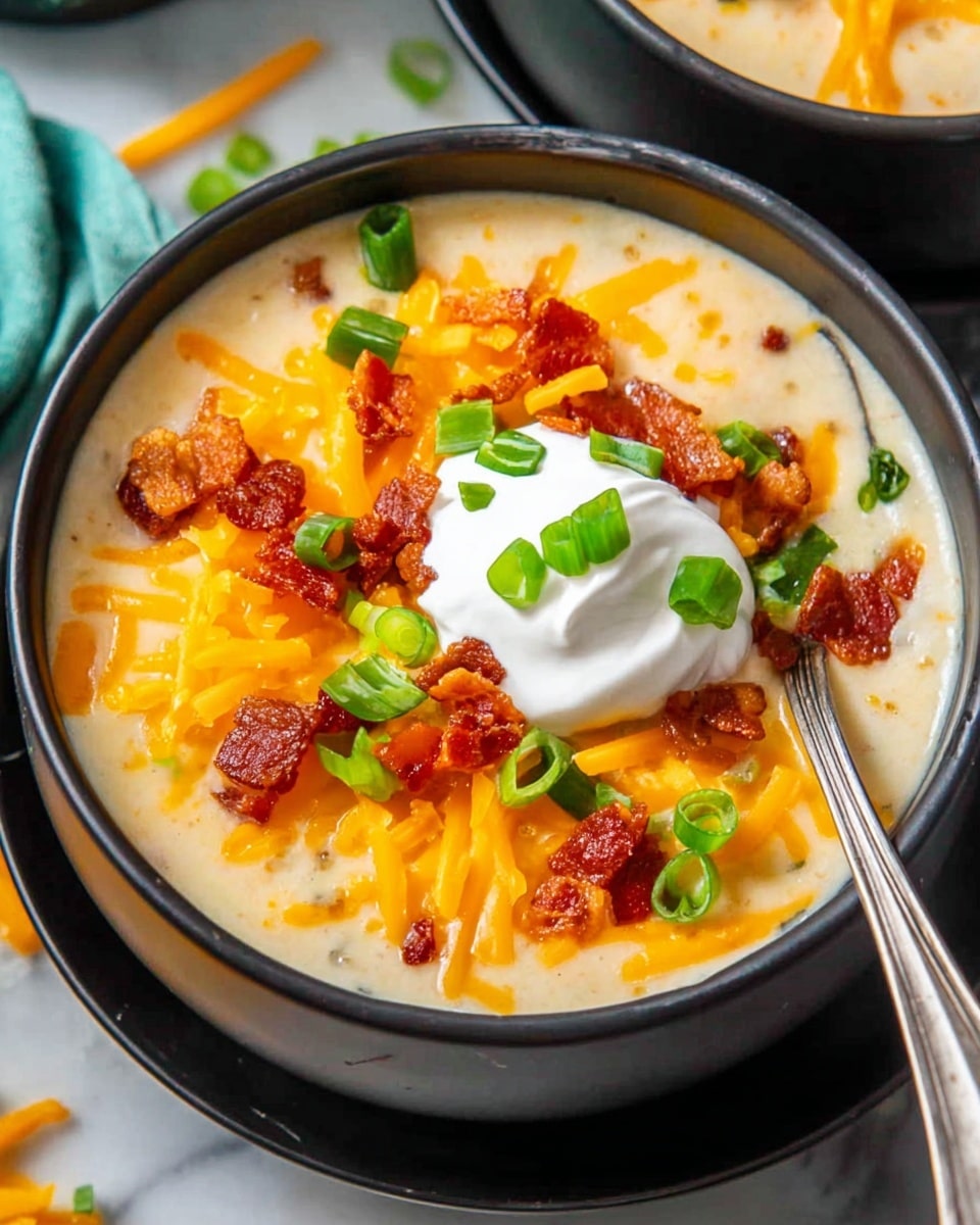 A black bowl filled with creamy white soup forms the base layer. On top, a layer of shredded bright orange cheddar cheese spreads unevenly. Crispy, small pieces of reddish-brown bacon are scattered across, adding texture. Bright green chopped scallions are sprinkled on and around the cheese and bacon. In the center, there is a dollop of white sour cream topped with a few green scallion pieces. The bowl sits on top of another black bowl, all placed on a white marbled surface. A silver spoon rests inside the bowl on the right side. photo taken with an iphone --ar 4:5 --v 7