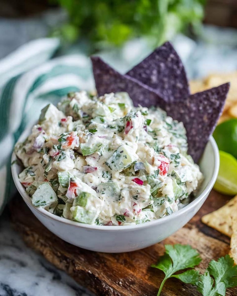 A white bowl is filled with a chunky, creamy salad that has a mix of white, green, and red pieces, showing chopped chicken, celery, cilantro, and small bits of red pepper, topped with two blue corn tortilla chips placed upright on one side. The bowl sits on a wooden board with some green herbs scattered around. In the background, there is a blurred green lime, a white marbled surface, and a piece of cloth with green stripes. photo taken with an iphone --ar 4:5 --v 7