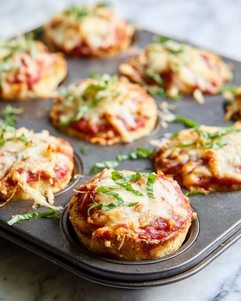 The image shows a metal muffin tray filled with mini pizzas, each shaped like small rounds sitting in the tray's cups. Each mini pizza has three visible layers: a golden-brown base with a crusty texture, a middle layer of bright red tomato sauce spread unevenly, and a generous top layer of melted cheese that is bubbly and slightly browned at the edges. On top of the cheese, fresh green basil leaves are scattered, adding a pop of color and a fresh look. The background is a white marbled texture, and the image is focused on the pizzas in the front, with others blurred in the back. photo taken with an iphone --ar 4:5 --v 7