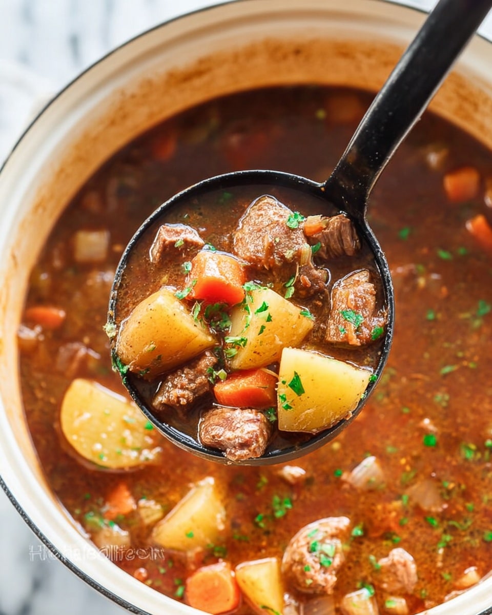 A ladle with a wooden handle holds a scoop of thick brown stew with visible chunks of light yellow potatoes, small pieces of brown beef, and orange carrot cubes, all sprinkled with green chopped herbs. The ladle is lifted above a white bowl filled with the same stew, showing a mix of finely chopped vegetables and herbs in the rich brown liquid. The white bowl rests on a white marbled textured surface. photo taken with an iphone --ar 4:5 --v 7