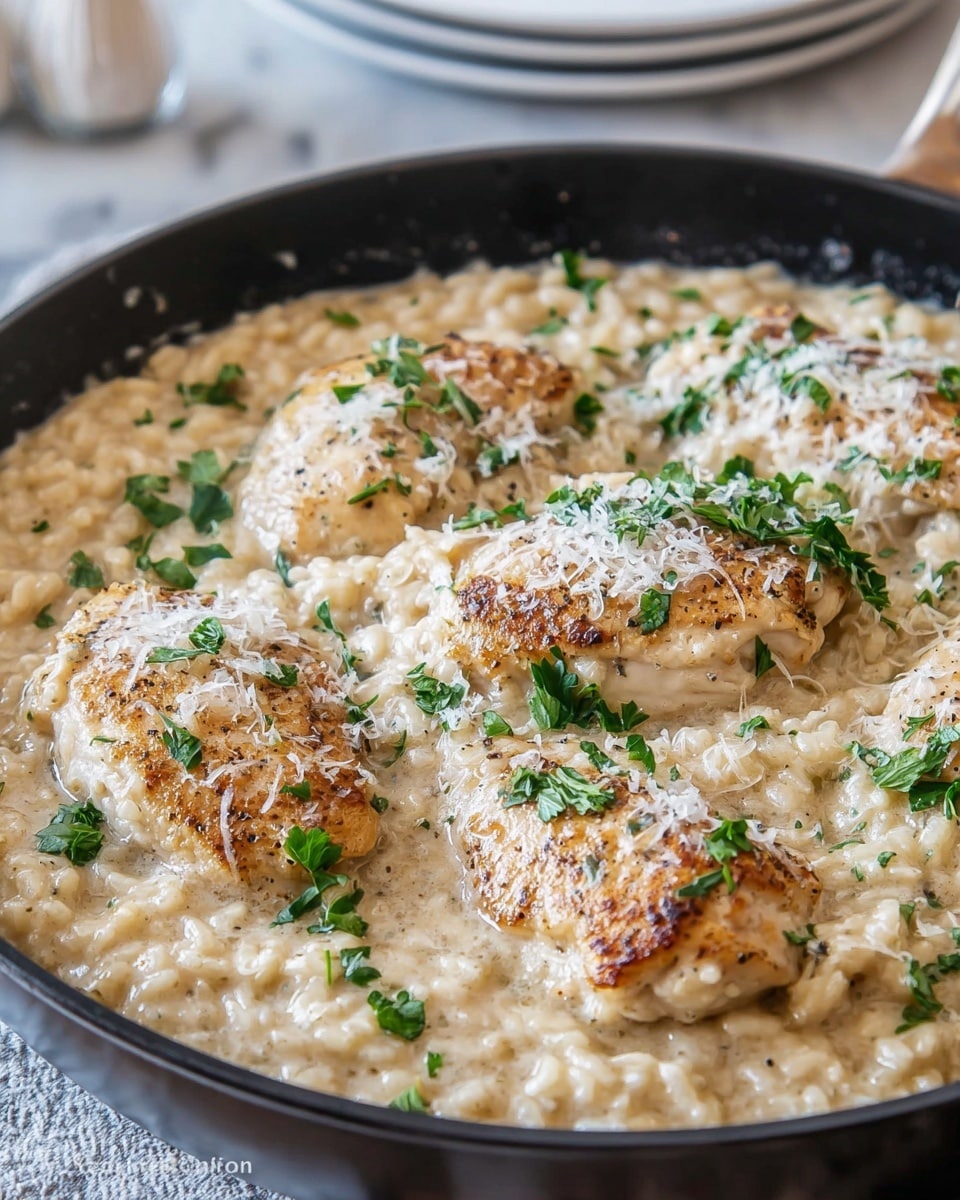 A shallow black pan holds a creamy risotto base with a pale yellow color and soft, grainy texture spread evenly across the surface. On top, there are four pieces of golden-brown seared chicken breast, each partially submerged in the sauce but visible with a crisp, slightly charred surface. The chicken pieces are sprinkled with finely grated white cheese, adding a light dusting over them. Small green herb pieces, likely parsley, are scattered around the chicken, adding bright green color contrasts against the creamy sauce. The edge of the pan shows subtle steam, enhancing the dish’s warm and fresh appeal. Photo taken with an iphone --ar 4:5 --v 7