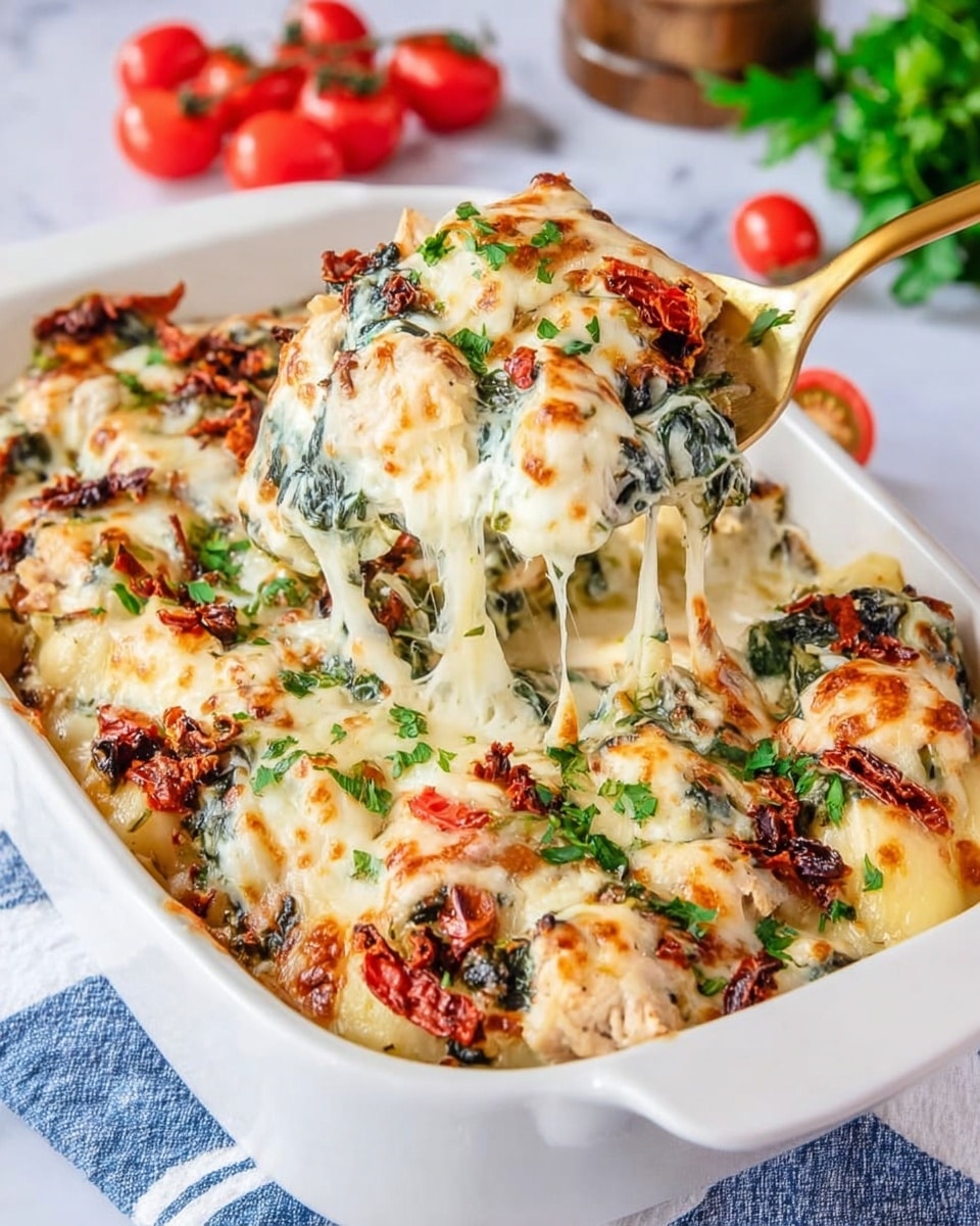 A white baking dish filled with a layered baked dish consisting of a base of cooked white chicken pieces, topped with fresh green leafy herbs and sliced vegetables. Over the herbs and vegetables lies a thick, melted pale yellow cheese layer, browned in spots to show it is baked. The dish shows small dark brown bits scattered on top, likely spices or cooked seasoning, adding texture. A golden serving spoon is lifting part of the dish, revealing the soft layers inside. The background features a white marbled surface with red cherry tomatoes and green herbs blurred out behind. Photo taken with an iphone --ar 4:5 --v 7
