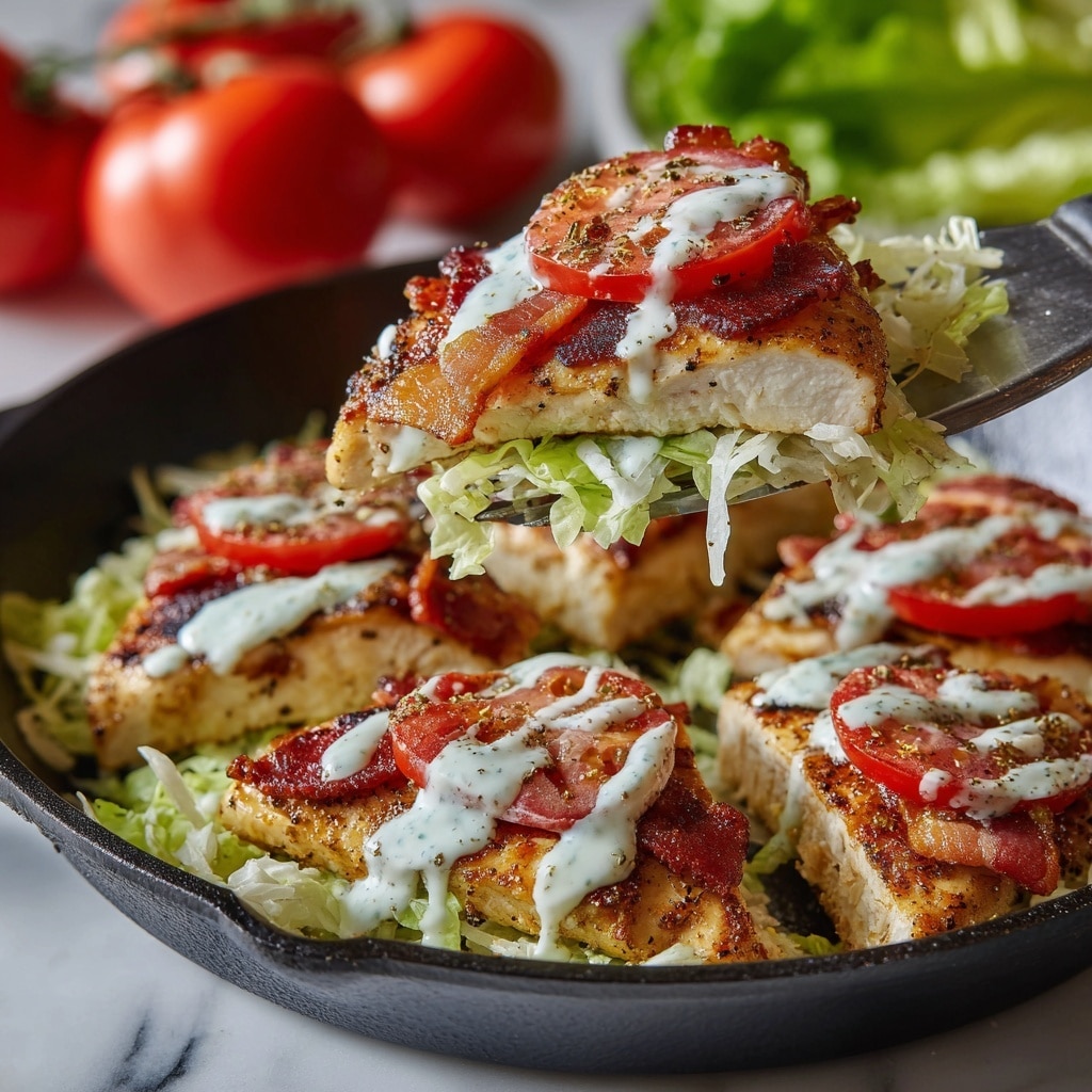 The image shows a close-up of a cooked BLT chicken dish held by a metal spatula over a black pan. The main focus is on a piece of cooked chicken breast, light brown with herbs, topped with a bright red tomato slice, crispy reddish-brown bacon strips, fresh green lettuce, and white sauce drizzled across the bacon. In the pan below, similar pieces with the same layers of green lettuce, red tomato, bacon, and white sauce are visible. In the background, there are red tomatoes and green leafy vegetables blurred out. The whole scene is set on a white marbled surface. Photo taken with an iphone --ar 4:5 --v 7