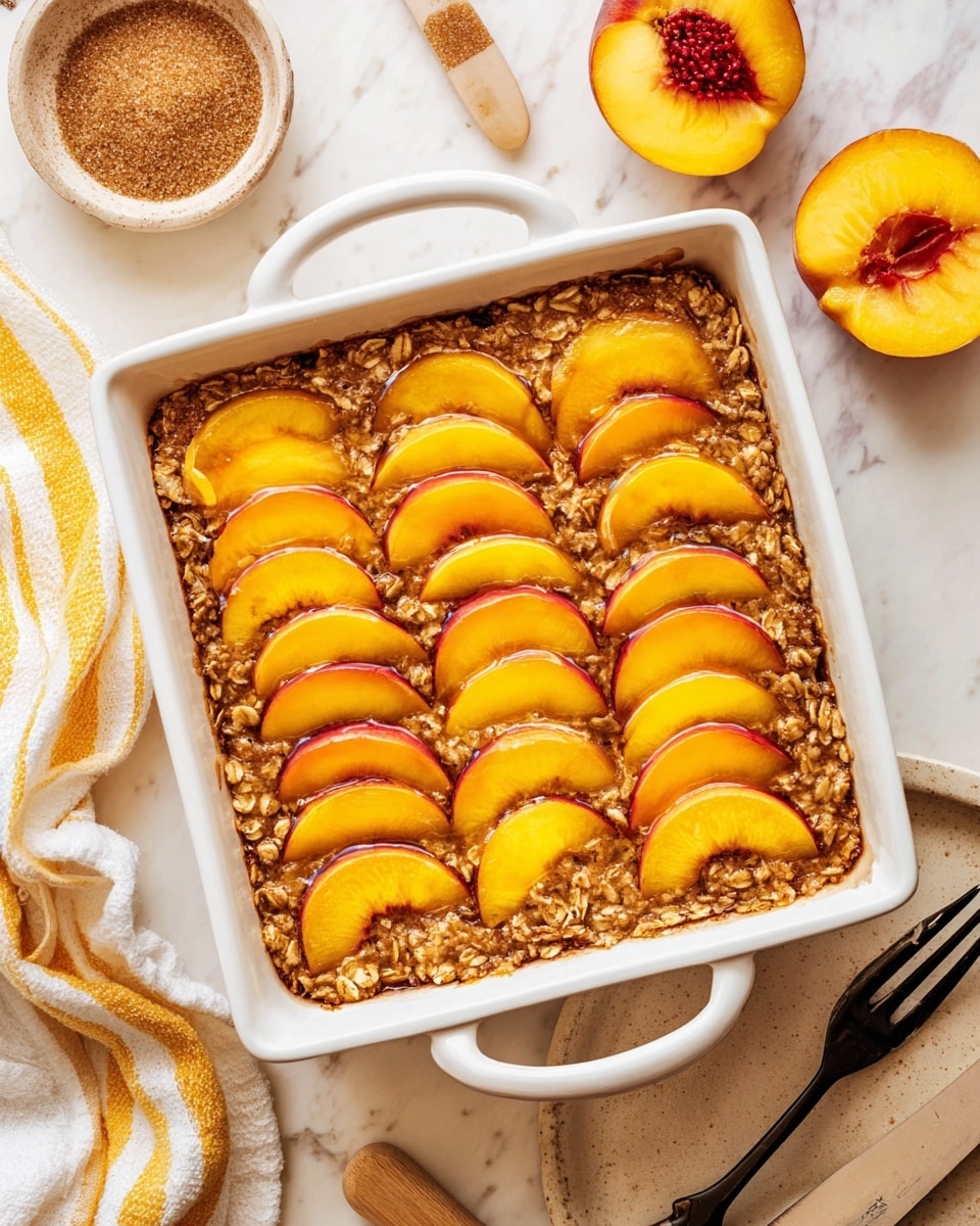 The image shows a white square baking dish filled with a baked oatmeal dessert topped with four neat rows of bright orange peach slices, each slice slightly browned and placed close together on a textured golden brown oatmeal base. The peach slices have a smooth, shiny surface with a deep red edge contrasting the soft orange flesh. The oatmeal has visible oats that give a rough texture and a slightly caramelized look, filling the space around and beneath the peach slices. The dish sits on a white marbled surface with some peach halves, a small cup of sugar, a knife with a wooden handle, and a white cloth with yellow stripes visible around it. photo taken with an iphone --ar 4:5 --v 7