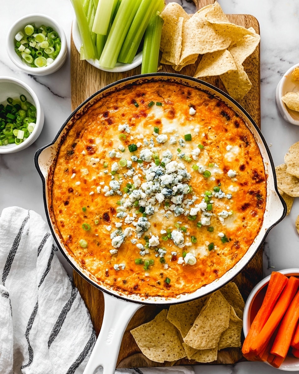 A round white skillet sits on a wooden board over a white marbled surface, filled with a thick, creamy orange dip that is slightly browned around the edges. The dip is topped with melted yellow and white cheese layers sprinkled with crumbled white cheese and small pieces of green onion scattered across the surface. Around the skillet are white bowls containing chopped green onions and crumbled cheese, along with a white bowl filled with bright green celery and orange carrot sticks. To the top right, there is a cup of red sauce and white tortilla chips resting next to a white and black striped cloth. Photo taken with an iphone --ar 4:5 --v 7