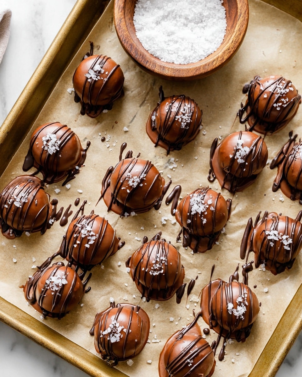 The image shows two rows of round chocolate truffles lined up on white parchment paper atop a baking tray with a gold frame. Each truffle is coated with smooth milk chocolate, creating a shiny, glossy texture, and is topped with thin, dark chocolate drizzle lines running diagonally across. Small flakes of white sea salt are sprinkled on top of each truffle, adding contrast. The parchment paper has some scattered drips of dark chocolate around the truffles, making the presentation more casual yet elegant. In the top right corner, there is a small wooden bowl filled with coarse white salt sitting on a white marbled surface. Photo taken with an iphone --ar 4:5 --v 7