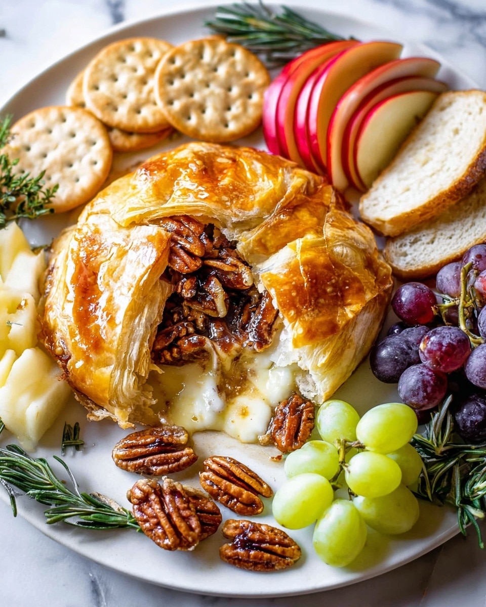 A white plate on a white marbled surface holds a baked wheel of golden-brown pastry with a top layer slightly lifted, revealing melted cheese topped with toasted pecans inside. Surrounding the pastry are neat layers of thin red apple slices on the top left, sliced bread pieces behind the pastry, a small bunch of pale green grapes at the top right, round crackers with some topped with melted cheese and pecans on the bottom left, and bright green apple slices with a red rhubarb stalk on the bottom right, all arranged with sprigs of fresh rosemary for decoration. Photo taken with an iphone --ar 4:5 --v 7