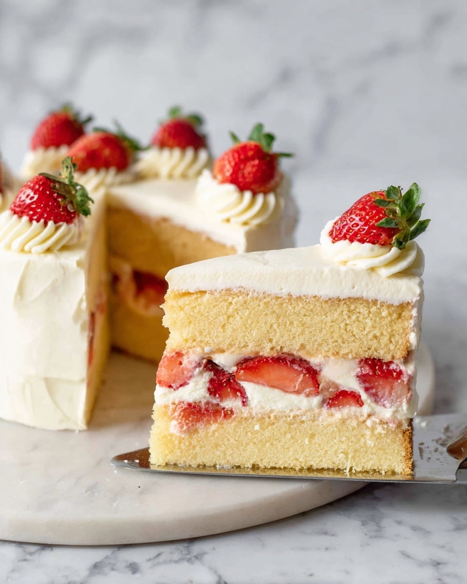 A two-layer light yellow sponge cake with a thick middle filling of white cream and red strawberry pieces is shown on a white marbled surface. The cake is frosted with smooth, white cream on top and around the sides. Small whole strawberries with green tops are placed evenly along the edge on top, each sitting on a swirl of cream. One slice is being lifted out, showing the soft texture of the cake and the fresh strawberries inside. Photo taken with an iphone --ar 4:5 --v 7