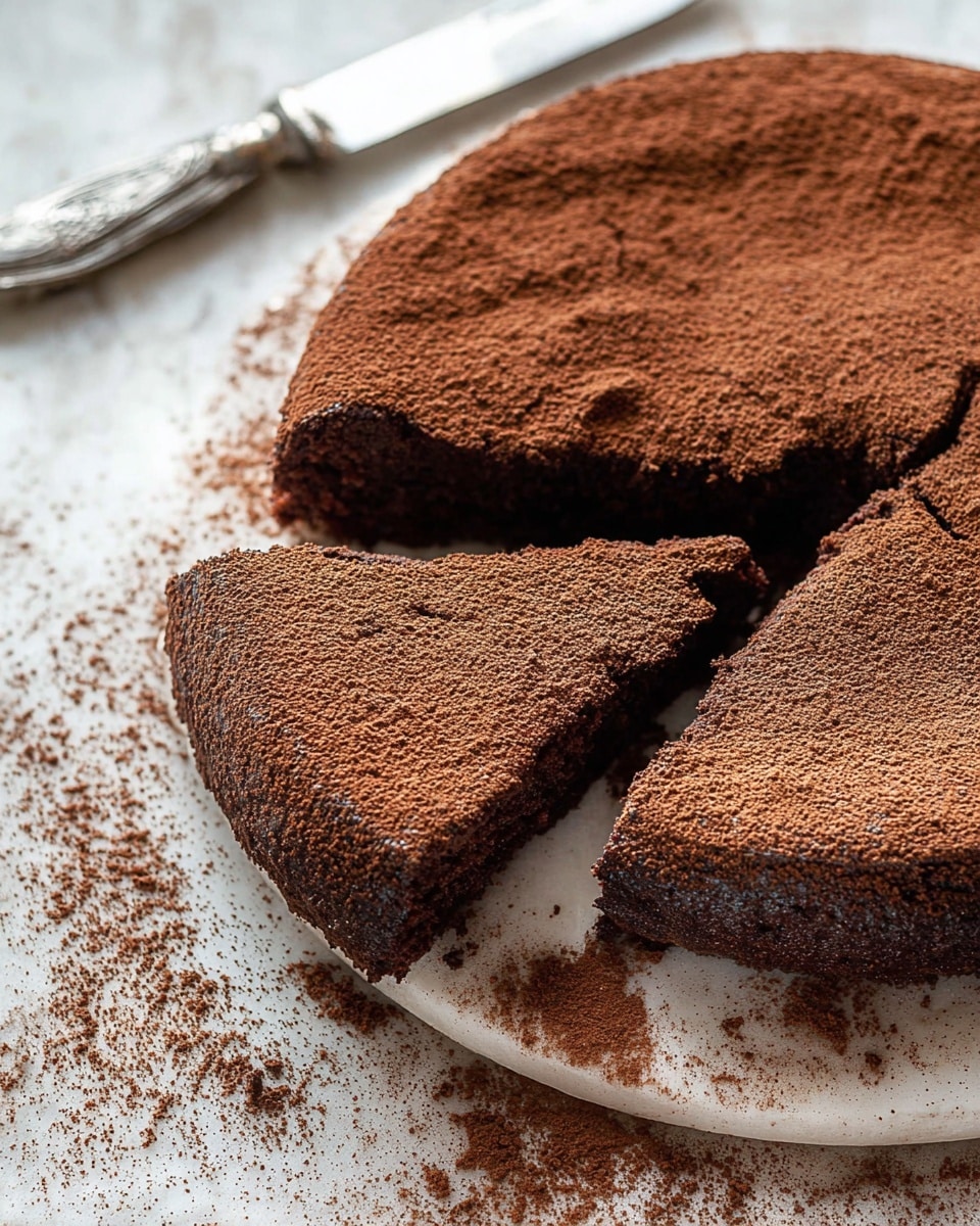 A round chocolate cake with one slice being lifted, showing a dense, moist texture inside with a rich dark brown color. The top of the cake is covered evenly with a fine layer of cocoa powder, giving it a soft dusty look. The cake sits on a wire rack placed over a white marbled surface sprinkled with cocoa powder. To the left, there is a silver knife also dusted with cocoa powder, adding to the rustic feel of the scene. Photo taken with an iphone --ar 4:5 --v 7